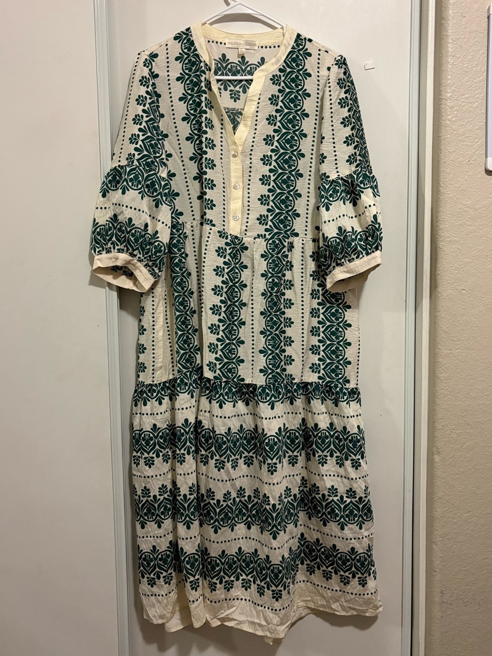 NWT Figueroa & Flower Green Ivory Tiered Flowy Bohemian Midi Dress XL